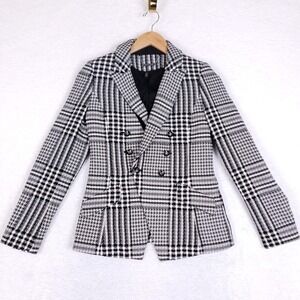 White Black Double Breasted Blazer Sz 2 Plaid Peak Lapel Academia Professional